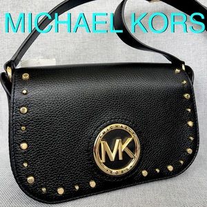MICHAEL KORS Samira small studded flap messenger black leather crossbody bag
